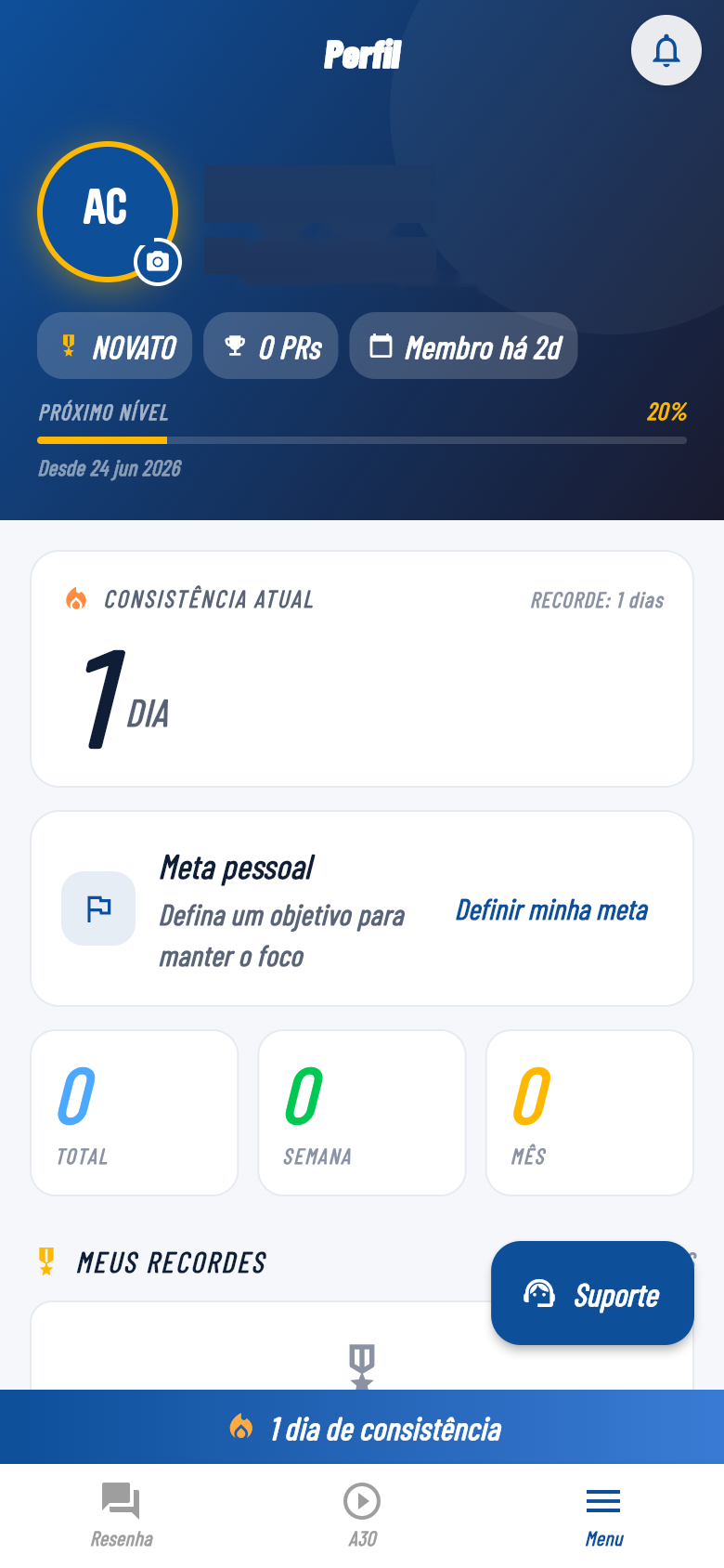 Tela inicial do aluno no app Atleta Moderno