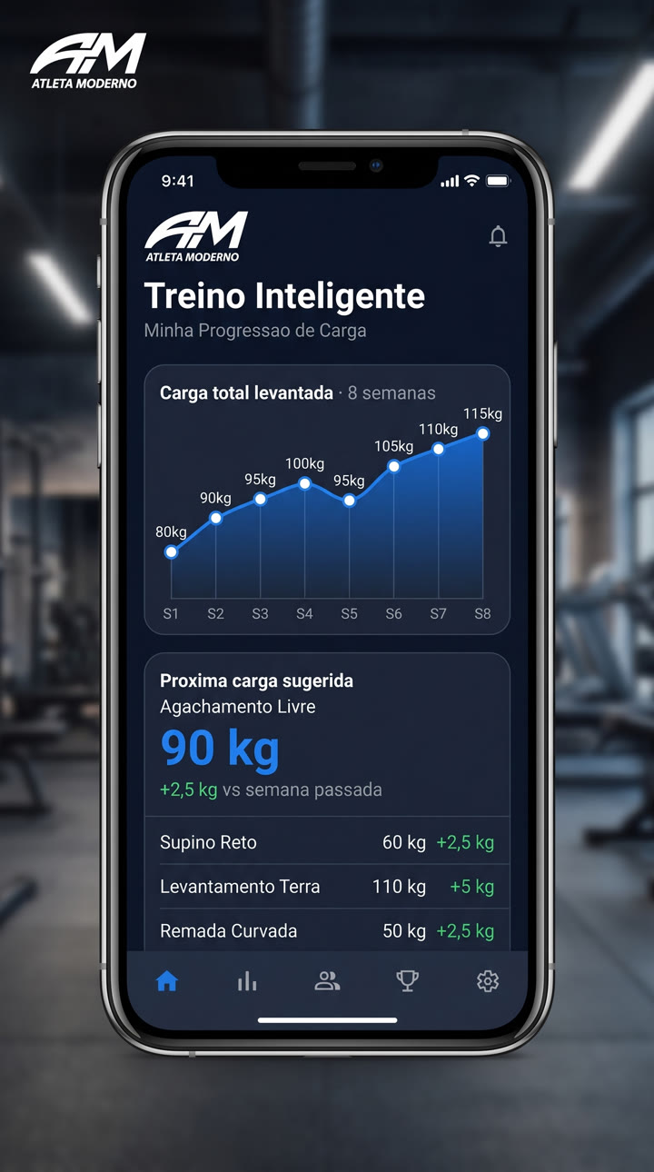 Tela do app Atleta Moderno mostrando o gráfico de progressão de carga em 8 semanas e a próxima carga sugerida