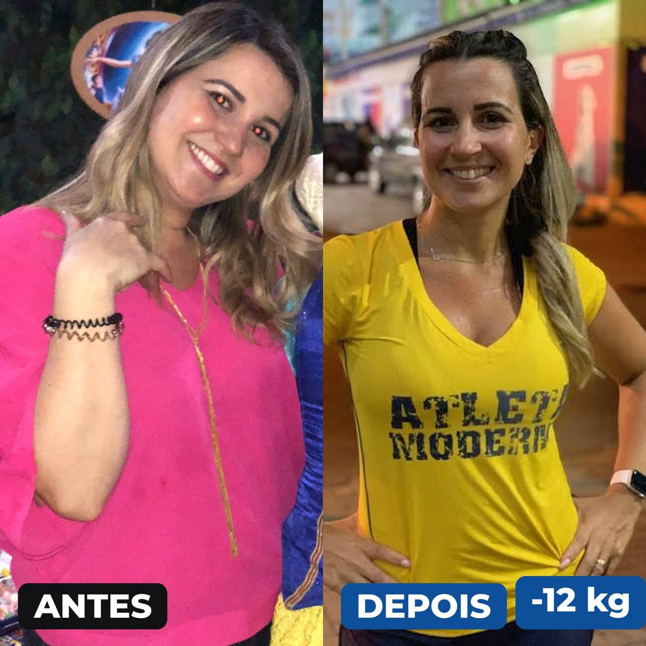 Antes e depois de aluna que emagreceu, hoje com a camisa amarela do Atleta Moderno