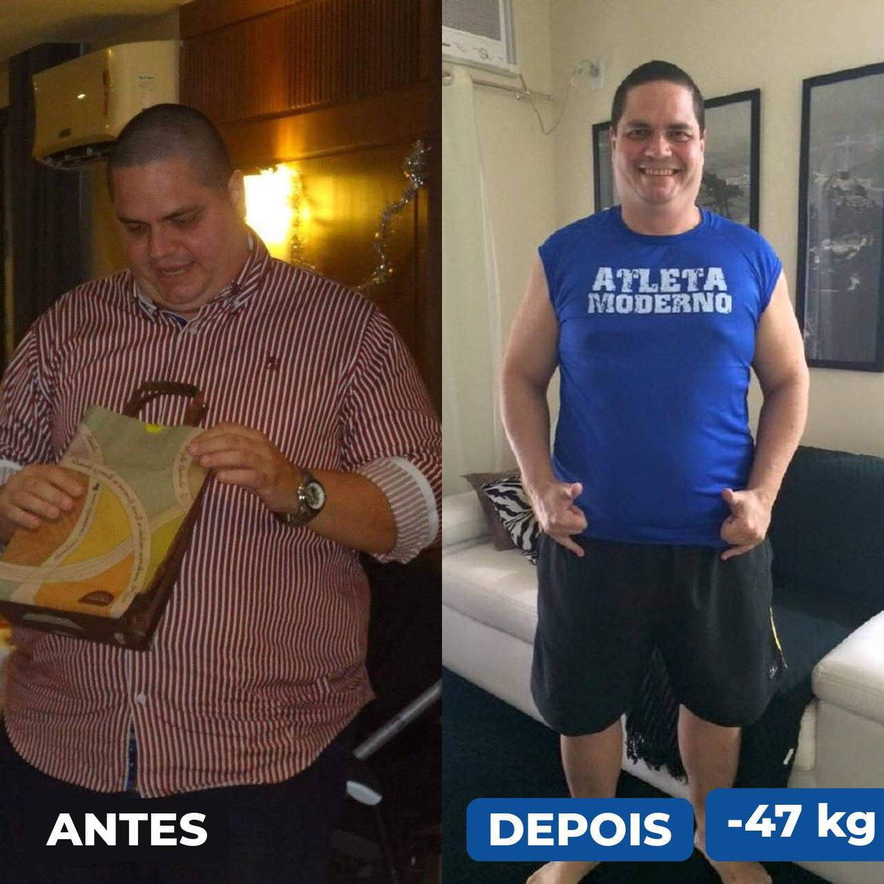 Antes e depois de aluno que emagreceu, hoje com a camisa azul do Atleta Moderno