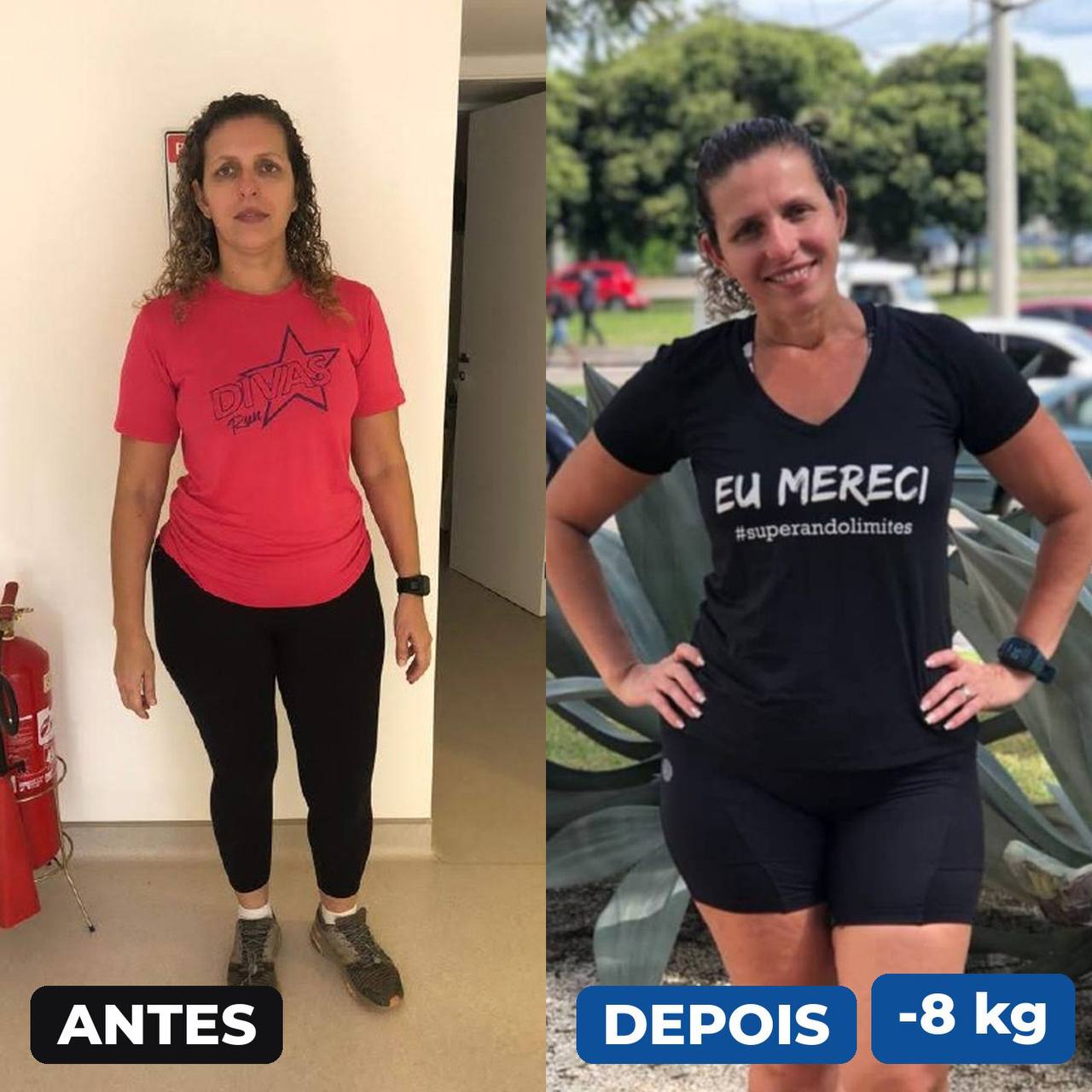 Antes e depois de aluna que emagreceu e voltou a treinar ao ar livre